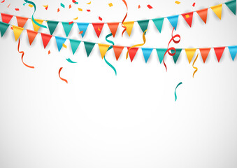 Party Background, with colorful Flags and confetti isolated white background. Vector Illustration