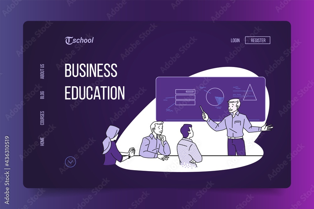 Poster Business education landing page. Online studying website interface. Web seminar and conference. Educational course. UI design template with buttons. Vector people learn and discuss tasks