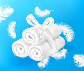 Fototapeta na wymiar Towel background. Realistic folded cotton terry cloth. Heap of 3D soft textile napkins and falling white feathers. Fabric rolls tied with ribbon. Flying fluffy plumage. Vector toiletry