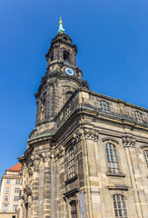 Fototapeta na wymiar Tower of the historic Kreuzkirche church in Dresden, Germany