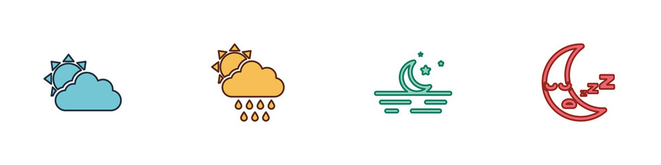 Set Sun and cloud weather, Cloud with rain sun, Moon stars and icon icon. Vector