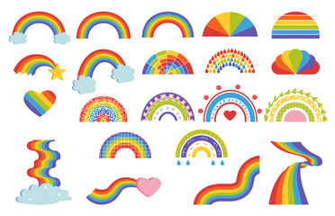Cartoon rainbow. Child graphic multicolor symbol. Doodle arcs in sky and curve bands set. Color spectrum. Clouds with striped arch and heart. Vector isolated decorative elements set