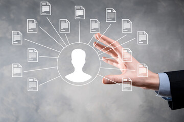 Document Management System DMS .Businessman hold user and document icon.Software for archiving, searching and managing corporate files and information.Internet Technology Concept.Digital security.