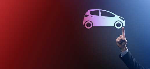 Digital composite of Man holding car icon.Car automobile insurance and car services concept....