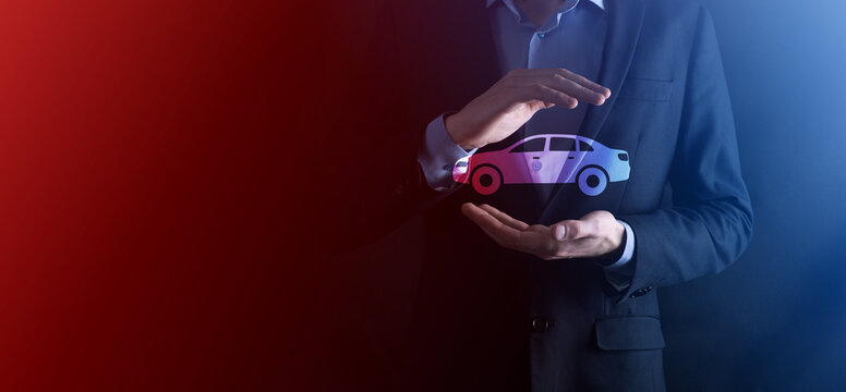 Digital composite of Man holding car icon.Car automobile insurance and car services concept. Businessman with offering gesture and icon of car