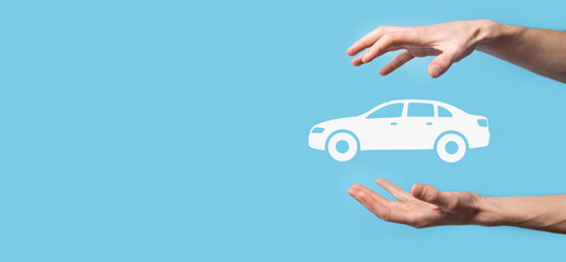 Digital composite of Man holding car icon.Car automobile insurance and car services concept....