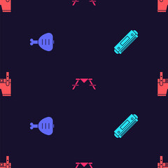 Set Harmonica, Chicken leg, Picnic table with benches and Lederhosen on seamless pattern. Vector