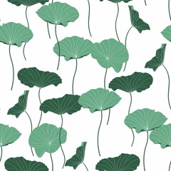 Fototapeta na wymiar Creen abstract lotus leaves, simple line arts on light background. Wallpaper design for prints, banner, fabric, poster.