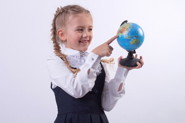 eautiful smiling blonde girl with braids schoolgirl shape globe
