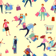 Seamless pattern with people on shopping. Seamless pattern Black Friday. Happy people rush shopping. Vector illustration flat people. Sale and coupons.