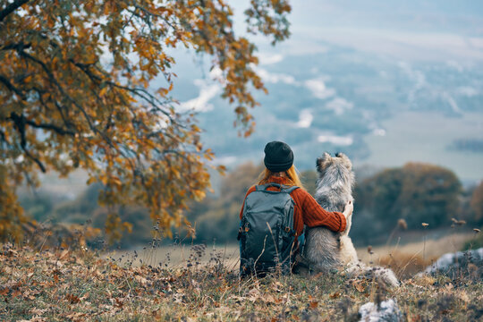 woman hiker next to dog friendship nature mountains travel