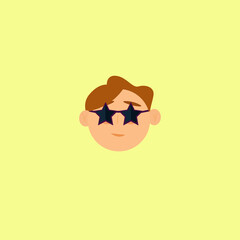 Head with glasses in the form of a star. A guy without a torso in bright sunglasses. Vector flat illustration 