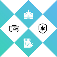 Set Digital alarm clock, Medical bottle with marijuana, Laptop and or cannabis and Shield leaf icon. Vector