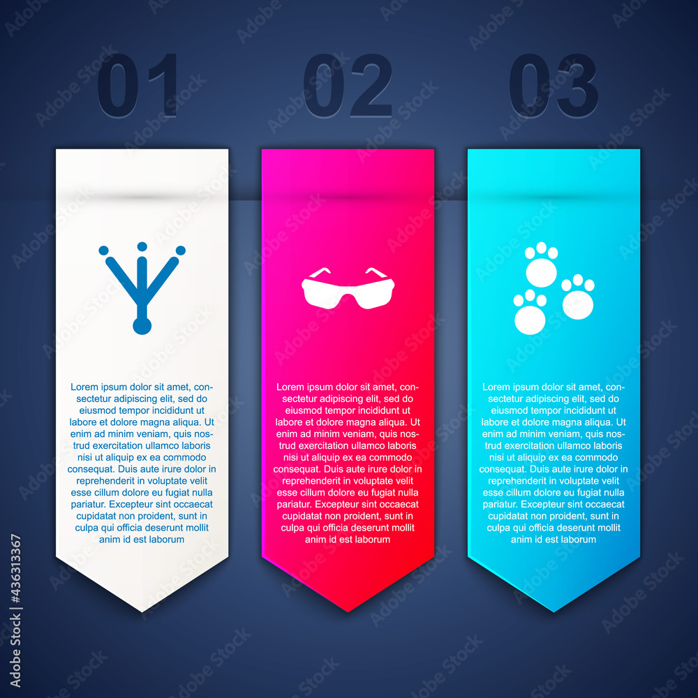 Sticker Set Bird footprint, Glasses and Paw. Business infographic template. Vector