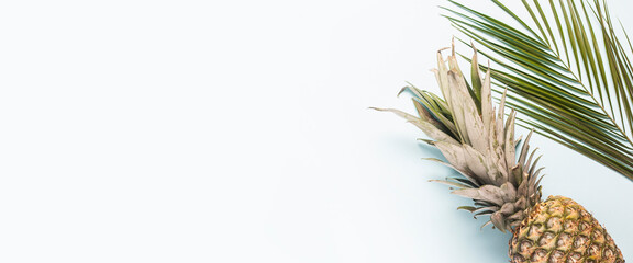 Fototapeta premium whole ripe pineapple and a leaf of a palm tree on a light background. Top view, flat lay. Banner