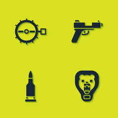 Set Trap hunting, Bear head on shield, Bullet and Pistol or gun icon. Vector