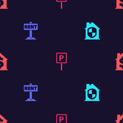 Set House under protection, Hanging sign with Rent, Parking and dollar symbol on seamless pattern. Vector