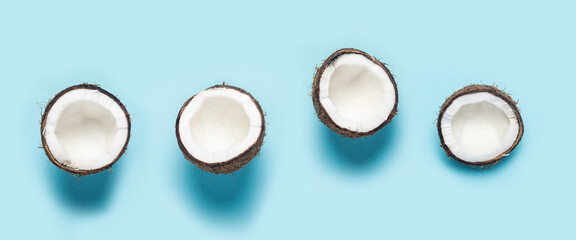 open halves of coconut and a leaf of a palm tree on a blue background. Top view, flat lay. Banner