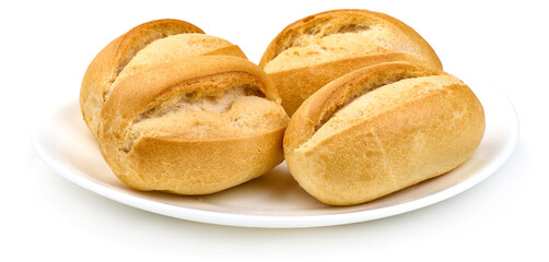 Freshly baked rustic buns, French rolls, isolated on white background. High resolution image
