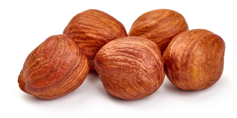 Organic Hazelnuts, isolated on white background. High resolution image.