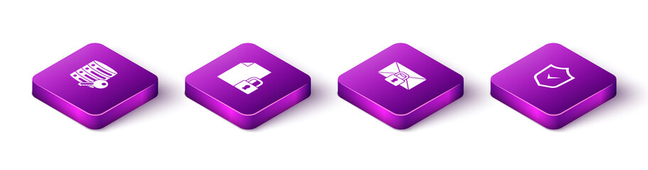 Set Isometric Server security with key, Document and lock, Mail message password and Shield check mark icon. Vector