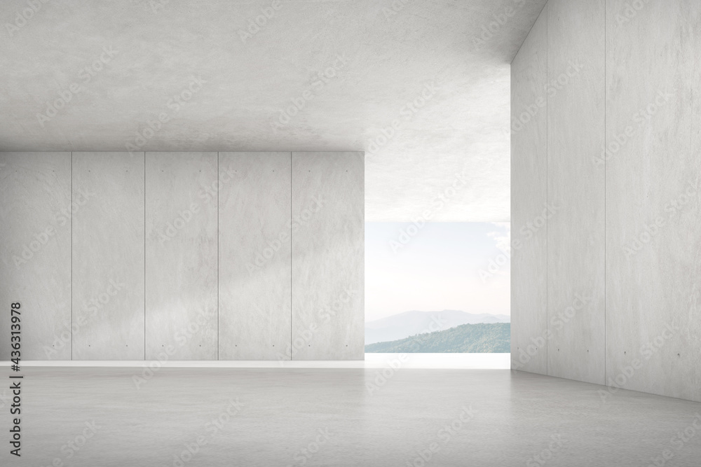 Fototapete 3d render of empty concrete room with large window on mountain background.