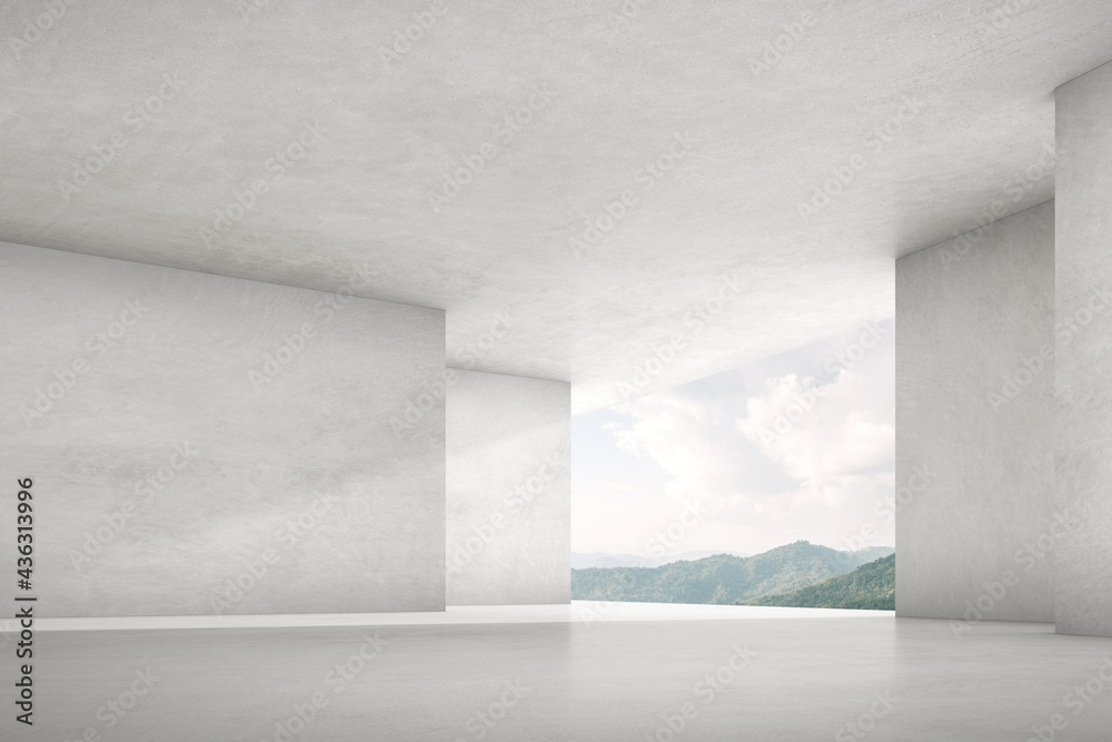 Leinwandbilder 3d render of empty concrete room with large window on mountain background.