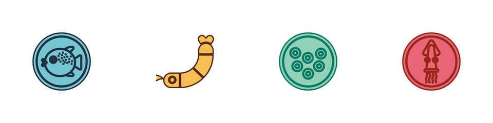 Set Puffer fish on a plate, Shrimp, Caviar and Octopus icon. Vector