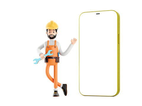 Builder mechanic cartoon character, funny worker or engineer repair phone