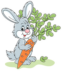 Happy little bunny with a ripe tasty carrot from a summer vegetable garden, vector cartoon illustration isolated on a white background