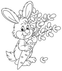 Happy little bunny with a ripe tasty carrot from a summer vegetable garden, black and white outline vector cartoon illustration for a coloring book page