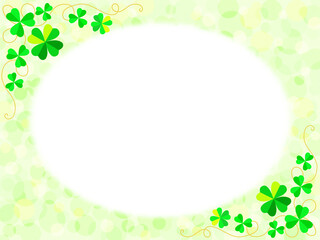 四つ葉と三つ葉のクローバーと緑色のふんわり水玉背景に白い円形のフレーム－画用紙のテクスチャ