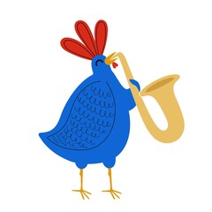 Vector illustration with chicken plays the saxophone. Colored music print design with animal and music instrument