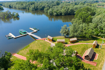 Naklejka premium Aerial view of the boat pier on Sakadas Lake, Kopacki rit Nature Park, Croatia