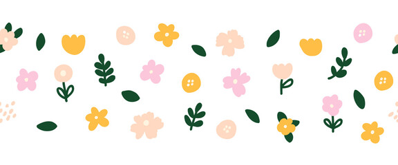 Horizontal white banner or floral backdrop decorated with multicolored blooming flowers and leaves seamless border. Spring botanical flat vector illustration on white background Scandinavian style.