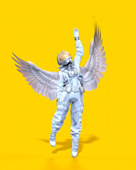 Astronaut with wings, yellow background. 3D illustration