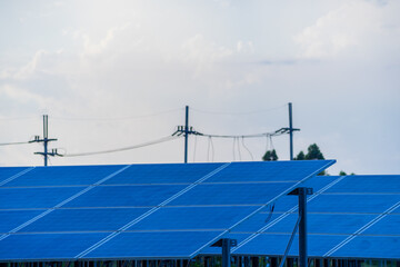Solar panel on blue sky background. landscape of solar cell farm. Clean technology for better future.