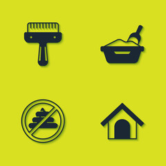 Set Hair brush for dog and cat, Dog house, No shit and Cat litter tray with shovel icon. Vector