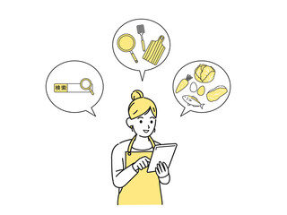 タブレットを使う主婦　女性　調理法　料理　インターネット　検索　調べる　イラスト素材