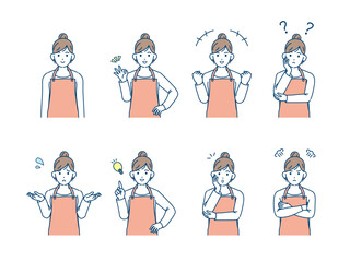 主婦　女性　ポーズ　仕草　ジェスチャー　バリエーションセット　上半身　イラスト素材