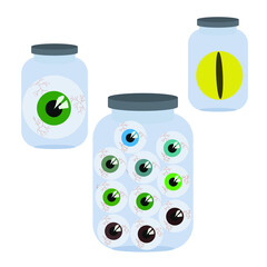 Human and animal eyes in glass jars. Halloween illustration in cartoon style. Vector stock illustration.