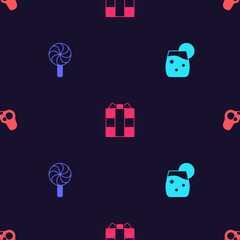 Set Cocktail, Lollipop, Gift box and Gamepad on seamless pattern. Vector