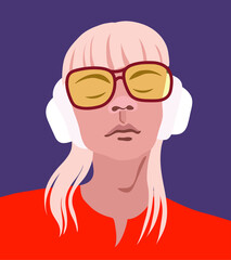 vector flat design illustration of a girl with headphones in her ears listening to a podcast, audio book or music in trendy colors. useful for advertising music channel, podcast, online music services
