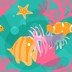Fototapeta na wymiar Repeating seamless pattern or background with reef fish butterflies, clown fish, corals, starfish, seashells. Gamma pink, orange, turquoise. Vector EPS10