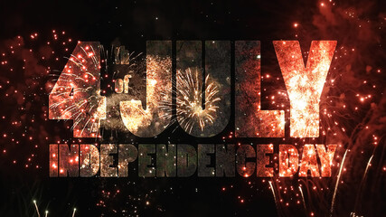 The text with grunge texture - 4 th of july Independence Day - on colorful holiday fireworks background.