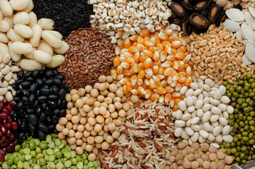 Group of dry organic cereal and grain seed pile in soft brown tone, for clean food in gredient or agricultural product concept