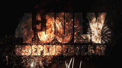 The text with grunge texture - 4 th of july Independence Day - on colorful holiday fireworks background.