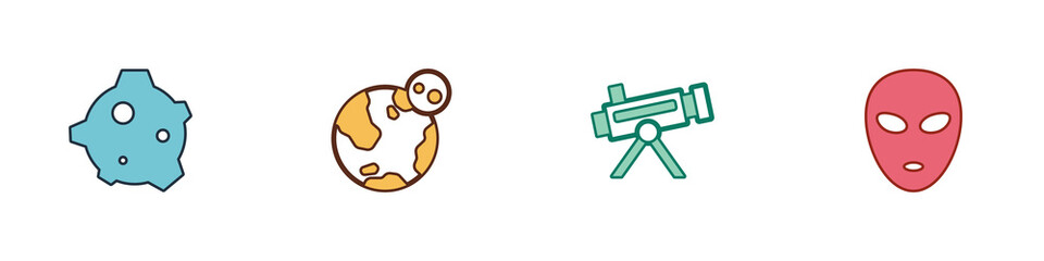 Set Asteroid, Earth globe, Telescope and Alien icon. Vector