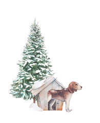 Watercolor Christmas card with dog and doghouse. Christmas tree outdoor scene isolated on white background