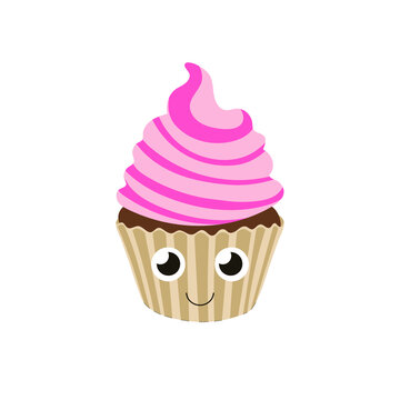 Vector smiling cute cupcake illustration isolated on white background, pink cream chocolate cupcake.
